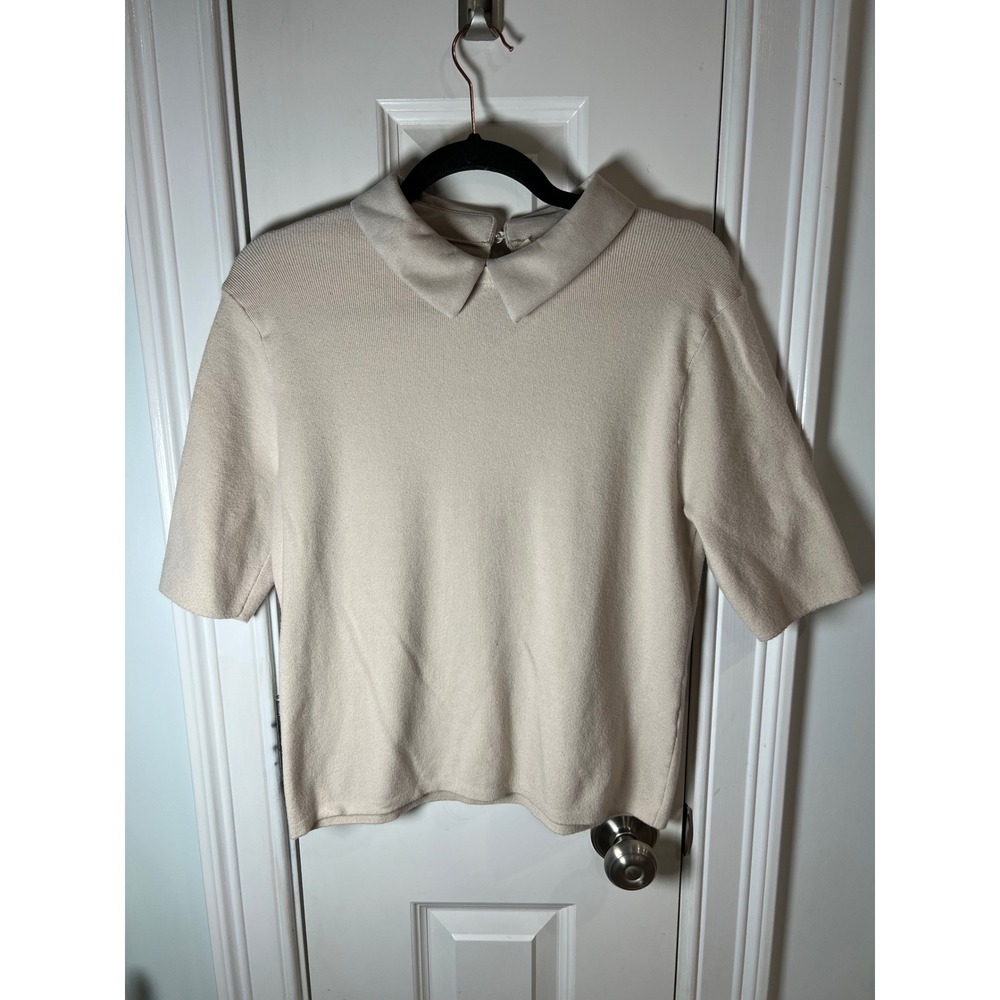 La Vila Milano Women Cream Beige Short Sleeve Knit Collared Pearl Button Top M